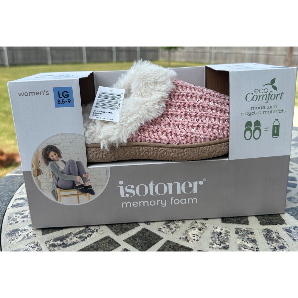 Isotoner Womens Memory Foam Slippers Evening Sand Pink Knit Faux Fur Large 8.5-9